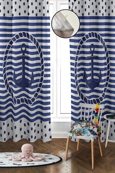 Doruklar Home Collection Digital Printing Washable Rope Pattern 2 Wings Baby and Children's Room Background Curtain