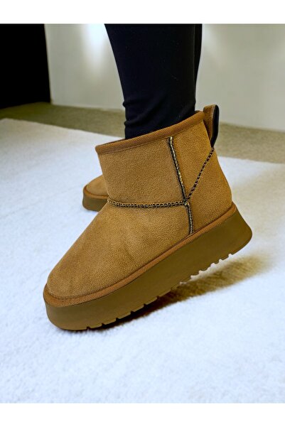 DİLEK SHOES Kadın Taba Mini Süet içi Kürklü Yüksek Kalın Taban Kışlık Bot & Bootie