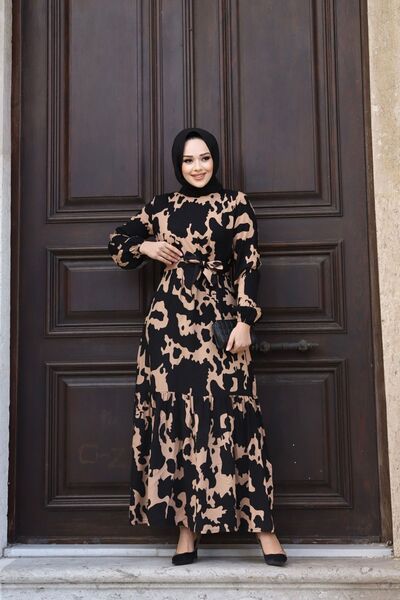 QUMET Ženska letnja haljina sa remenom, rukavima i elastičnim uzorkom, od vis...