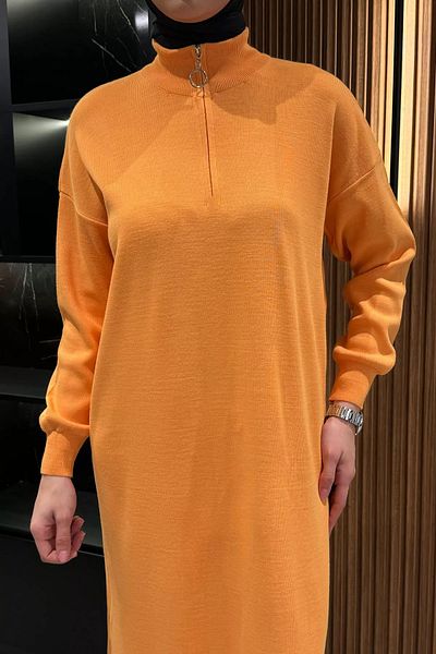 julude Πλεκτό φόρεμα Hijab με μισό φερμουάρ μουστάρδας