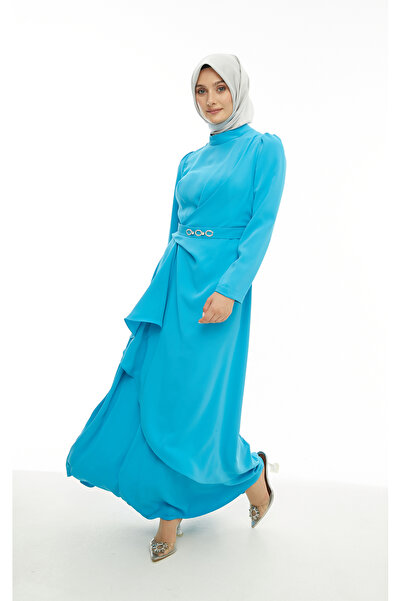 Setrms Mavi Kemeri Taş Detaylı Volanlı Elbise 2425028