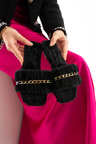 Genel Markalar Zemuha SİYAH Kadın Tüylü Terlik Zincirli ,Büzgülü  Pofuduk Rah...