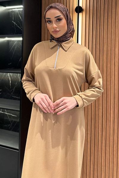 julude Μπεζ φόρεμα Hijab με μισό φερμουάρ