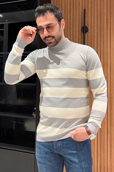 MİSHAR İTALİA Πλεκτό πουλόβερ Grikrem Half Fisherman ριγέ