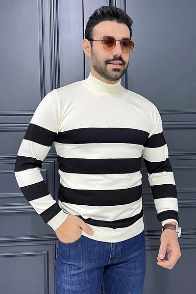 MİSHAR İTALİA Πλεκτό πουλόβερ Κρεμμαύρο Half Fisherman ριγέ