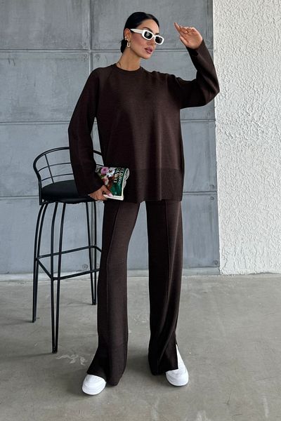 WOMAN VISION Set de tricotaje din țesătură maro amar - pantaloni și hanorace supradimensionate pentru femei cu fante și fante 1027
