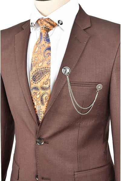 Rizz up Men's Brown Two Button Double Slit Mono Collar Slim Fit 2 Piece Suit 2300310