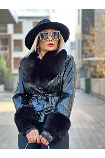 Kokoşum Butik 3745 Yaka Kürklü Kısa Rugan Mont Siyah