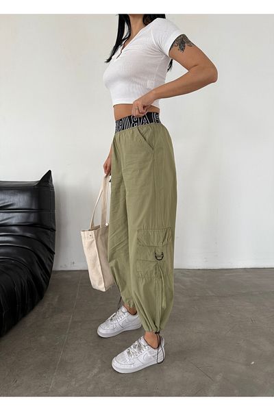 XBELLA DENİM Women's High Waist Çağla Parachute Fabric Cargo Pocket Waist and Leg Elastic Pants