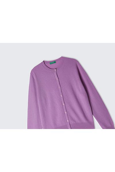 United Colors of Benetton Cardigan de damă liliac 100% cașmir cu gât rotund cu nasturi în față
