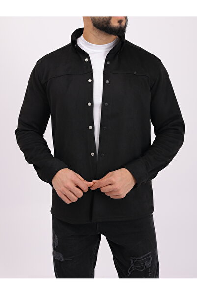 cliento Erkek Siyah Slim Fit Mevsimlik Süet Gömlek