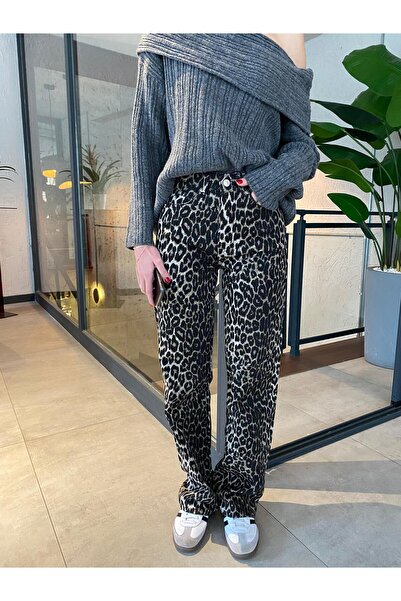 Niceboutique Leopard Print High Waist Straight Jeans
