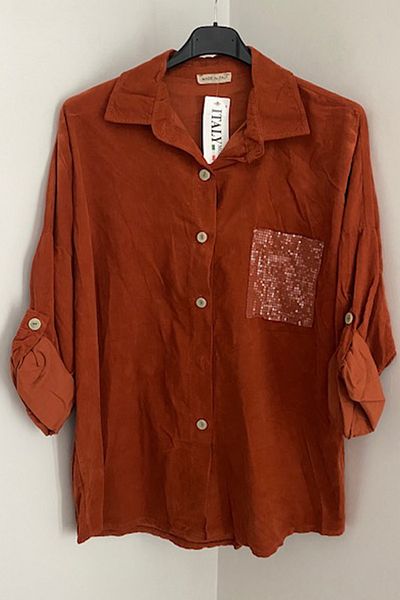 AYASOFYA OTANTIK Women's Italian Cinnamon Sequin Sequin Pocket Oversize Loose Foldable Long Sleeve Velvet Shirt