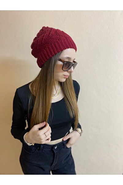 sema aksesuar Burgundy Color Women's Patterned Knitwear Knitted Beanie Hat - ...