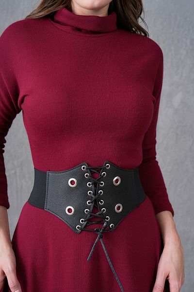 bayansepeti Stretchy Knitwear Fabric Stand Collar Long Sleeve Midi Length Burgundy with Belt Office Dress 134