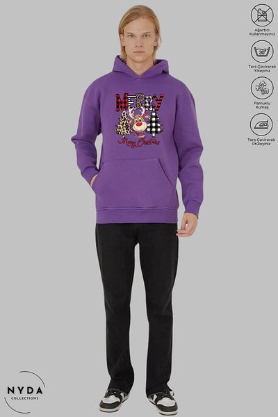 Nyda Collections Unisex Πρωτοχρονιάτικο ελάφι Καλά Χριστούγεννα με στάμπα Oversize φούτερ με κουκούλα