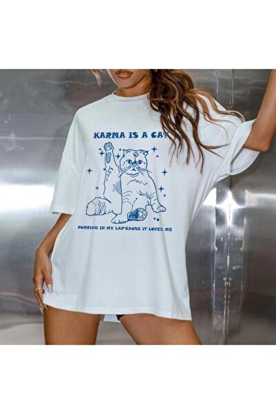 Touz Το Karma Is A Cat Printed White Unisex Oversize μπλουζάκι