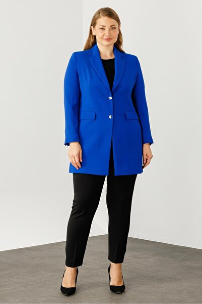 Moda İlgi Modailgi  Mono Yaka Çift Düğme Uzun Ceket Saks