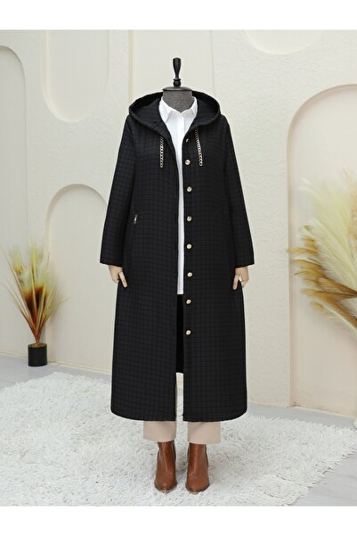 Modamorfo Μακρύ καπιτονέ παλτό με λεπτομέρεια αλυσίδας στο λαιμό - Μαύρο