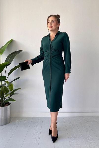 MaziButik Rochie cămașă de smarald - Detaliu cu șnur la piept