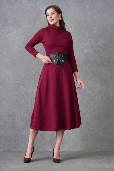 bayansepeti Stretchy Knitwear Fabric Stand Collar Long Sleeve Midi Length Burgundy with Belt Office Dress 134