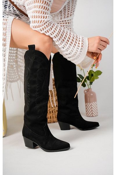 Favi Ayakkabı Cizme din piele intoarsa neagra cu broderie pe varf si laterale in stil cowboy