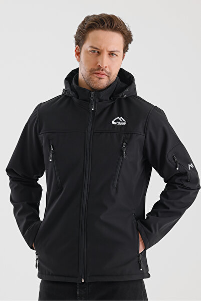 B.HE.Z Waterproof Softshell Men's Coat Black with Removable Zipper Hood Fleece Inside