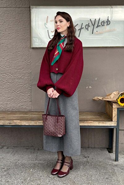 Ceylan Otantik Burgundy Balloon Sleeve Knitwear Cardigan - Anthracite Stamp Pencil Skirt