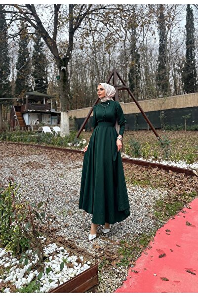 ZÜBİŞ BUTİK Önü boncuk detaylı balon kol tesettür elbise