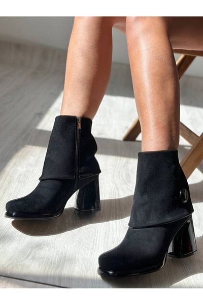 SHOEBOURNE Black Suede Zippered Button Detailed Patent Leather Thick Heeled Platform Boots
