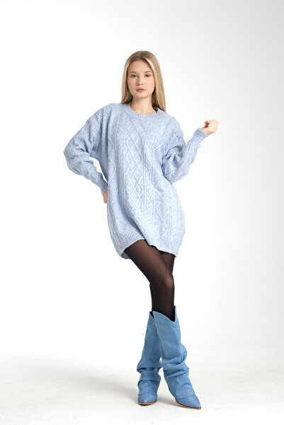 Kirazgym Babakék puha kötöttáru tunika pulóver - kötél borostyán mintás