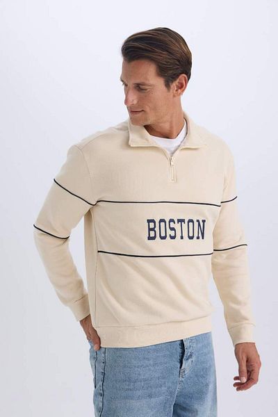 DeFacto New Season Relax Fit Stand Collar Zippered Printed Thick Sweatshirt