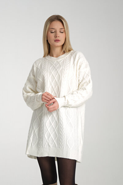 Kirazgym White Soft Rope Ivy Patterned Knitwear Tunic Sweater