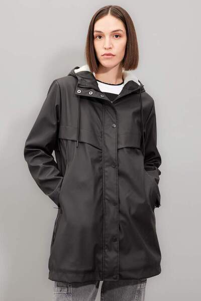 DeFacto New Season Water Repellent Long Raincoat Fleece Lined Hooded Zippered Snap Fastener