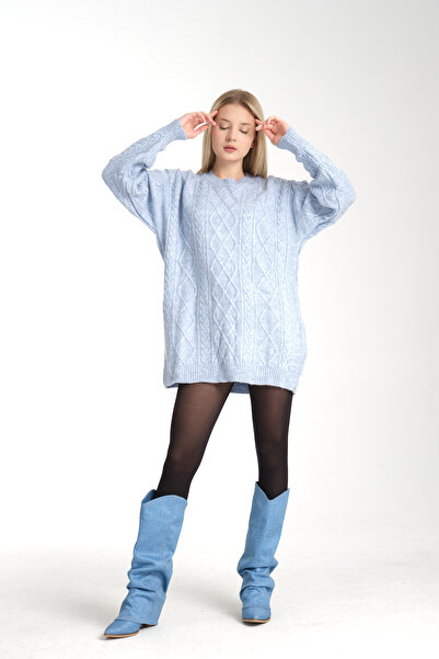 Kirazgym Babakék puha kötöttáru tunika pulóver - kötél borostyán mintás