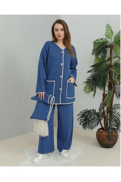 CELT Baby Blue Women's Knitwear Set - Buttons, Pockets and Scarf