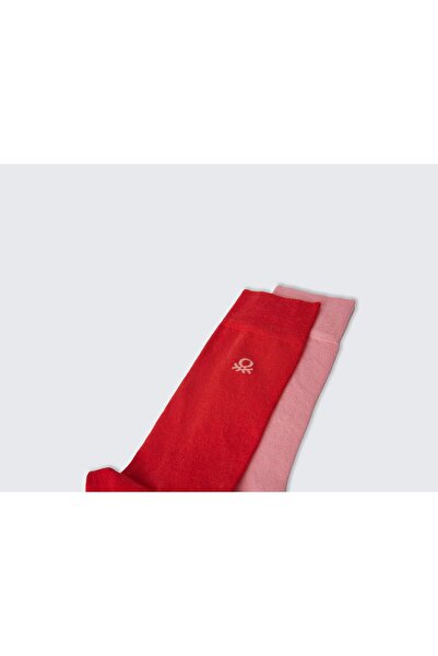 United Colors of Benetton Unisex Kırmızı Logo İşlemeli Düz Renkli 2'li Uzun Çorap Seti