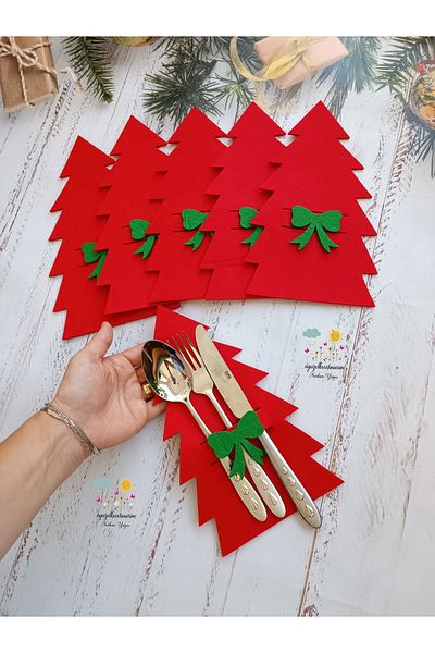 Aksesuar Red 6 Pieces of Decorative Pine Tree - Napkin Holder and Spoon Holder Felt Christmas Ornament