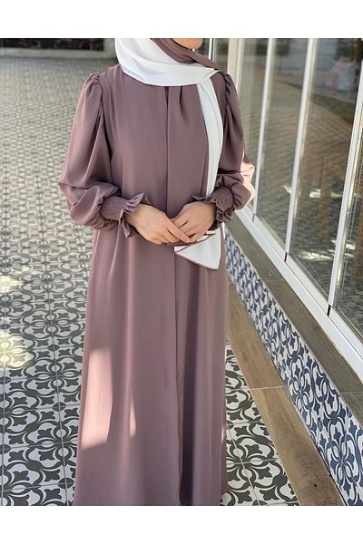 Bayram Giyim Medina Silk Shoulder Gathered Balloon Sleeve Ferace Dusty Rose