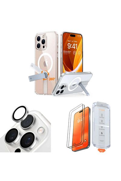 TORRAS Bundle iPhone 16 Pro Pstand Spin 3-in-1 Full Protection Set Clear