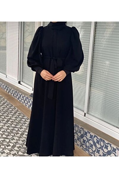 Bayram Giyim Medine Ipeği Omuz Büzgülü Balon Kol Ferace Siyah