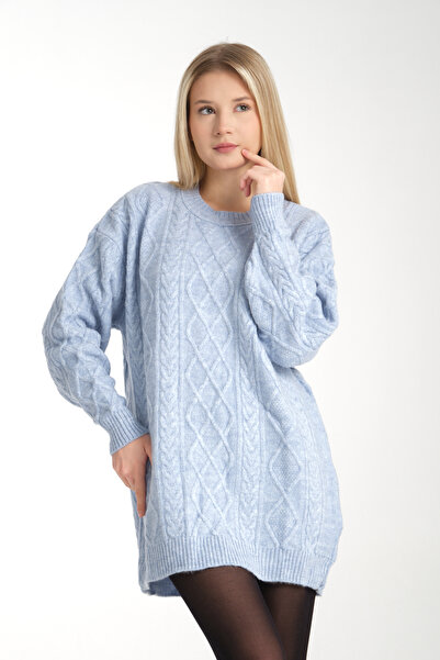 Kirazgym Babakék puha kötöttáru tunika pulóver - kötél borostyán mintás