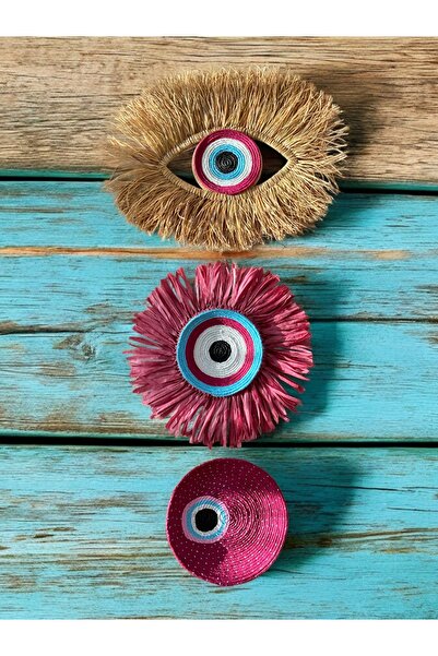 Evil Eye Bead Handmade Wicker Wall Plate Set -  Fuchsia Blue