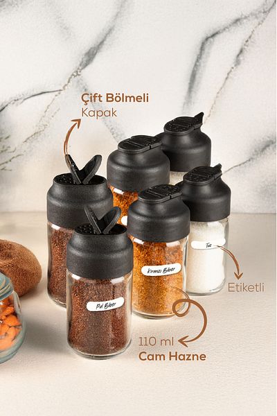 Vienev Set of 6 Double Lid Glass Spice Dispensers 110 ml