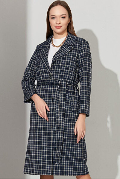 MissThetis Ceket Yaka Ekose Desenli Kuşaklı Bağlamalı Düğmeli Çift Fleto Cepl...