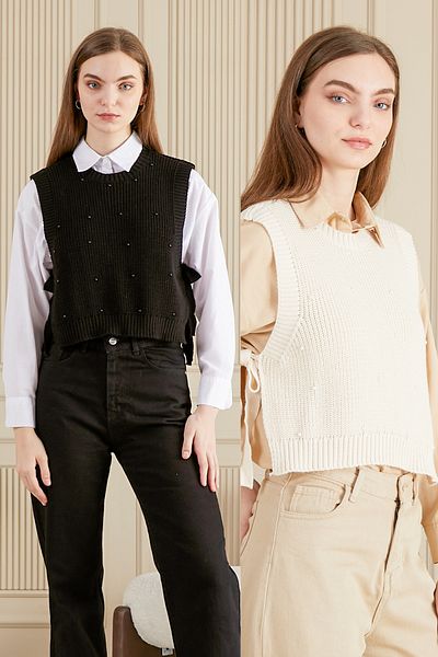 By Nilgün Akay Women's Soft Textured Black and Cream Pearl Detailed Side Tie Sweater 2-Piece Product