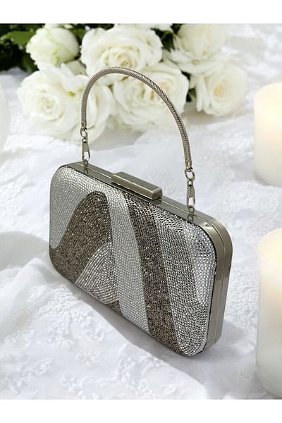 MidStore Special Design Silver Platinum Color Metal Handle with Crystal Stones Evening Dress Bag Wedding Engagement Henna Graduation