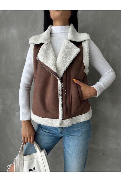 TOPSHOW Suede Collar Sheepskin Vest with Fur Inside and Zipper