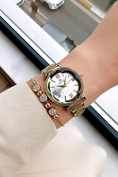 Homies Orijinal Özel Kutulu Kadın Kol Saati Su Geçirmez Gold Renk Çelik Kordon + Bileklik HMBY2036C1