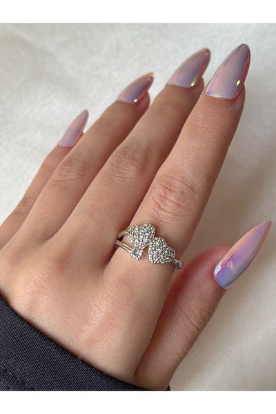 Eylülün Takısı Women's Silver Color Stone Double Heart Ring